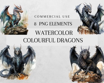 Watercolor Black Fantasy Dragon Clipart PNG, Commercial Use, Black PNG Dragons, Card Making, Scrapbook, Junk Journal, Paper Crafts