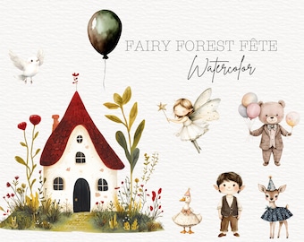 Fairy Elf Birthday Animals Clipart Bundle, Woodland Nursery Decor (PNG, Commercial Use)