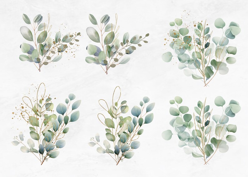 Watercolor Eucalyptus Greenery Clipart PNG, 18 Greenery Gold Foliage ...