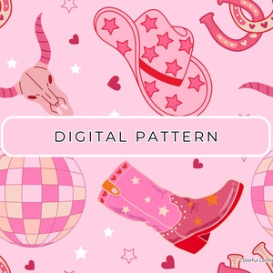 Cowgirl Digital Paper Pattern Theme, Disco Cowgirl Boots Seamless File PNG, Commercial Use, Digital Download