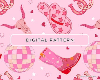 Cowgirl Digital Paper Pattern Theme, Disco Cowgirl Boots Seamless File PNG, Commercial Use, Digital Download