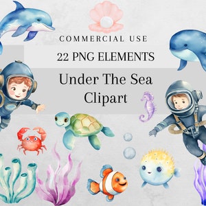 Süße Meerestiere Aquarell Clip Art Bundle, Meerestiere Clipart png, Leben im Meer, sofortiger Download, kommerzielle Nutzung, digital