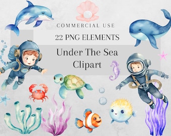 Pacote de clipart de aquarela de animais fofos sob o mar, clipart de animais marinhos png, vida marinha, download instantâneo de imagens, uso comercial, digital