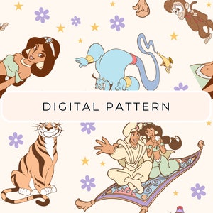 May include: Digital pattern featuring characters from Aladdin, including Jasmine, Aladdin, Genie, Abu, and Rajah. The design includes purple flowers and gold stars on a cream background. The text "DIGITAL PATTERN" is displayed.