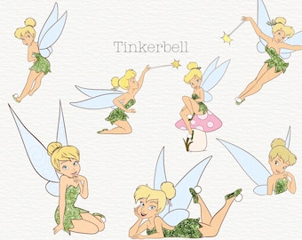 Watercolour Tinkerbell Clipart, Tinkerbell PNG, S, Hand-drawn Watercolour with Glitter Effect, Commercial Use