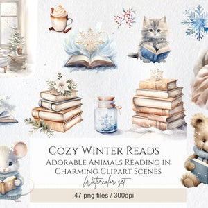 Aquarell Winter Buch Liebhaber Clipart Bundle, Winter Clipart PNG-Dateien, Scrapbooking Serie, Karten Clipart, Aufkleber Clipart, kommerzielle Nutzung