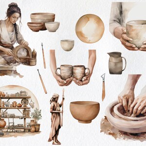 May include: A watercolor illustration of pottery making. The image features a woman working on a pottery wheel, a shelf with various pottery pieces, a person holding two mugs, and a person holding a large bowl. The image also includes various tools used in pottery making.