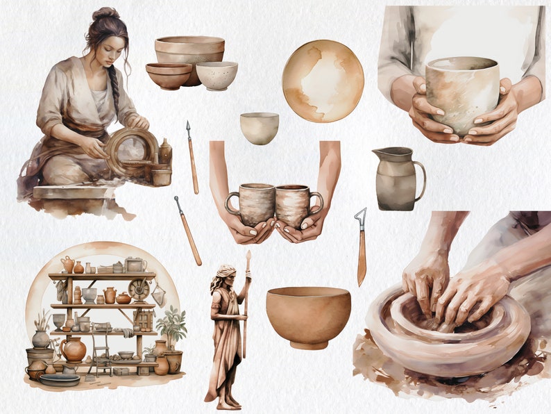 May include: A watercolor illustration of pottery making. The image features a woman working on a pottery wheel, a shelf with various pottery pieces, a person holding two mugs, and a person holding a large bowl. The image also includes various tools used in pottery making.