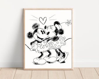 Printable Mickey And Minnie Poster, Wall Art Minnie, Nursery Wall Art, Hand Drawn Mouse Poster