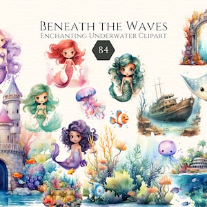 人魚のクリップアート 海の動物の水彩クリップアート、海の動物のクリップアート png 海の生物、スクラップブック、ジャンクジャーナル、商用利用デジタル