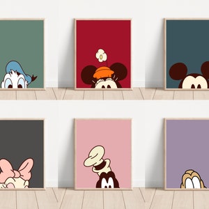 Cartel imprimible de Mickey y sus amigos, arte de la pared Minnie, arte de la pared de la guardería, colorido conjunto de arte de Mickey de 6