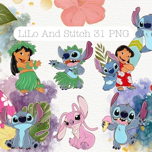 Clipart di Lilo e Stitch ad acquerello, Lilo PNG, Stitch PNG, Angelo PNG, Acquerello disegnato a mano con effetto glitter, Uso commerciale