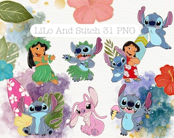 Watercolour Lilo and Stitch Clipart, Lilo PNG, Stitch PNG, Angel PNG, Hand drawn Watercolour with Glitter Effect, Commercial Use