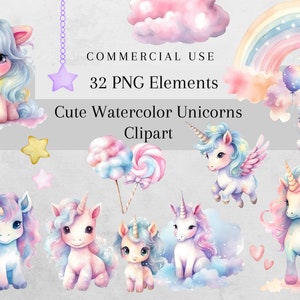 かわいいユニコーンの水彩画クリップアート バンドル、レインボー パステル キャンディ ロリポップ、マジカル ユニコーン PNG、デジタル ダウンロード