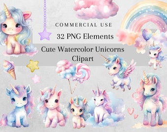 Cute Unicorn Watercolor ClipArt Bundle, Rainbow Pastel Candy Lollipop, Magical Unicorns PNG, Digital Download