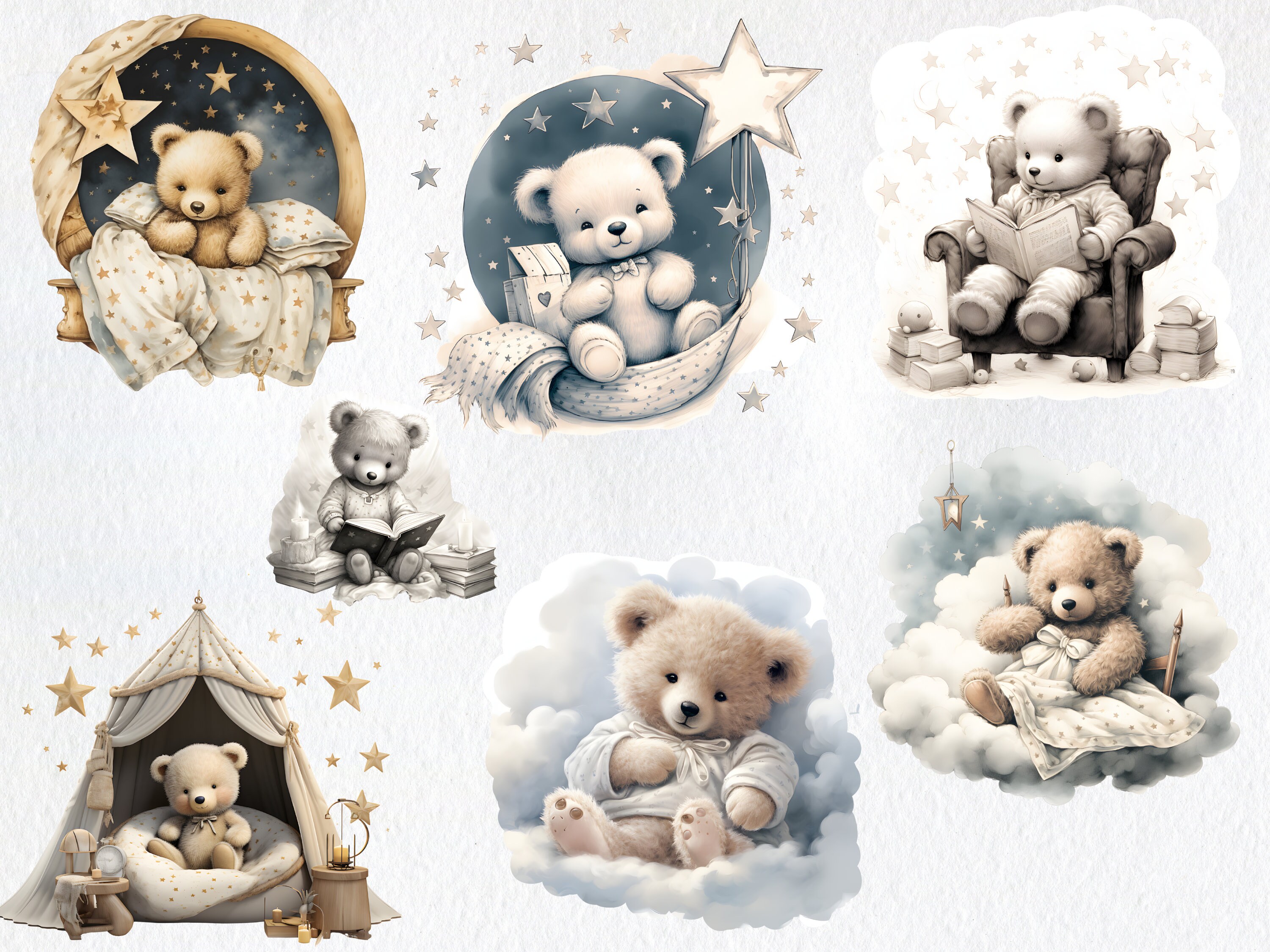 Watercolor Teddy Bear Clip Art Clipart Bundle, Baby Shower Clipart ...