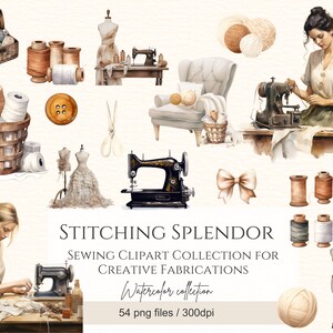 Watercolor Sewing Clipart Bundle, Sewing Room Clipart, Sewing Machine png, Junk Journal, Scrapbooking Commercial Use