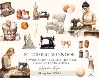 Watercolor Sewing Clipart Bundle, Sewing Room Clipart, Sewing Machine png, Junk Journal, Scrapbooking Commercial Use