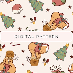 Patrón de papel digital Winnie The Pooh de Navidad, patrón sin costuras Winnie, papel digital, ratón PNG papel estampado uso comercial
