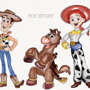 Może przedstawiać: Postacie z Toy Story: Woody, Jessie i Bullseye. Woody ma na sobie kowbojski kapelusz i kamizelkę, Jessie ma na sobie czerwony kapelusz i str&oacute;j kowbojki, a Bullseye to brązowy koń z siodłem.