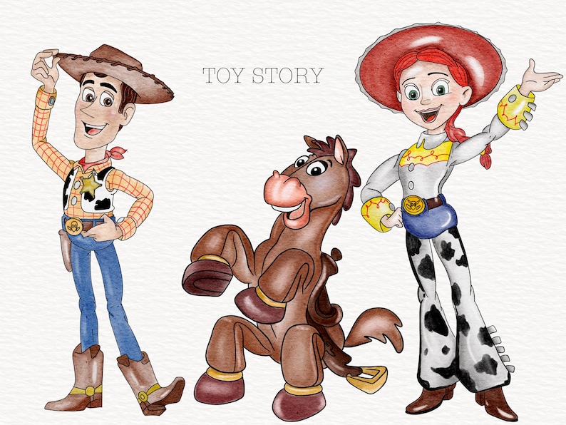 Może przedstawiać: Postacie z Toy Story: Woody, Jessie i Bullseye. Woody ma na sobie kowbojski kapelusz i kamizelkę, Jessie ma na sobie czerwony kapelusz i str&oacute;j kowbojki, a Bullseye to brązowy koń z siodłem.