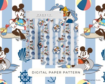 Papel digital con diseño de ratón náutico, patrón veraniego sin costuras (PNG)