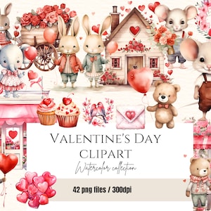 Saint-Valentin Clipart PNG Bundle, Aquarelle Love Clipart, Mignons petits ours, souris, Foxesx, 42 Transparent PNG Utilisation commerciale