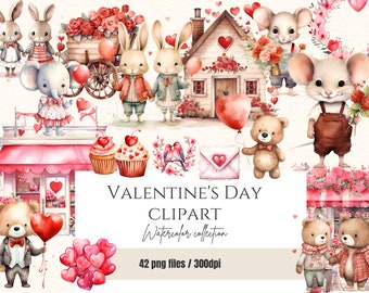 Valentijnsdag clipart PNG bundel, aquarel liefde clipart, schattige kleine beren, muizen, Foxesx, 42 transparante PNG commercieel gebruik