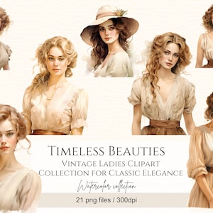 Acuarela hermosa mujer vintage retrato clipart PNG, imágenes prediseñadas de mujeres, retratos de mujeres, álbum de recortes, diario basura, uso comercial digital