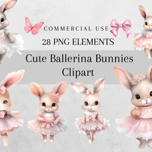 Watercolor Ballerina Banny Clipart Bundle, Cute Ballet Bunnies Butterflies, 28 Png Pink Ballet, Commercial Use, Digital Download