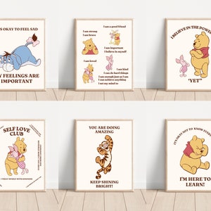 Affiches de la classe Winnie l'ourson, affiche imprimable affirmation de l'amour de soi, décoration de la salle de classe, art mural enfant, téléchargement numérique, lot de 6