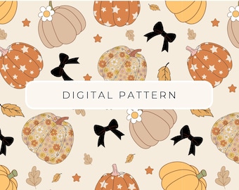 Fall Pumpkin Daisy Digital Paper, Boho Seamless Pattern (PNG)