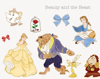 Watercolor Beauty and the Beast Clipart, Belle PNG, Beast PNG, Princess clip art, Hand drawn Watercolor with Glitter Effect, Commercial Use