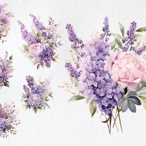 Akvarell lila bukett clipart, lila blomma PNG (digitalt) bild 3