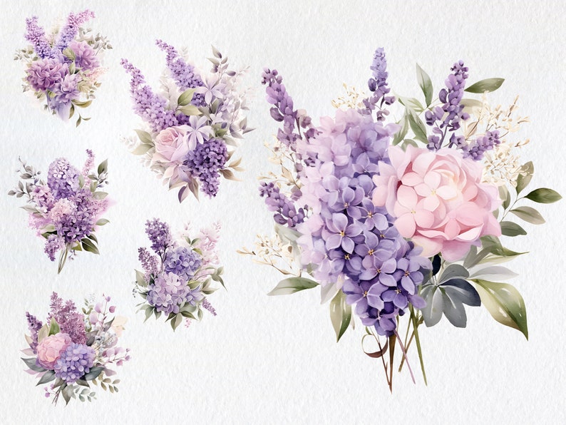 Akvarell lila bukett clipart, lila blomma PNG (digitalt) bild 3