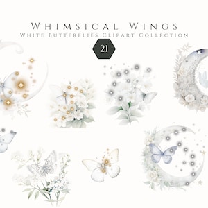 Aquarell Schmetterlinge Clipart Bundle, weißes Gold und Silber Glitzer Blumen Clipart PNG, Scrapbooking Junk Journal Aufkleber, kommerzielle Nutzung