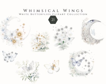 Paquete de imágenes prediseñadas de mariposas de acuarela, imágenes prediseñadas florales de brillo de oro blanco y plata PNG, pegatinas de diario basura de Scrapbooking, uso comercial