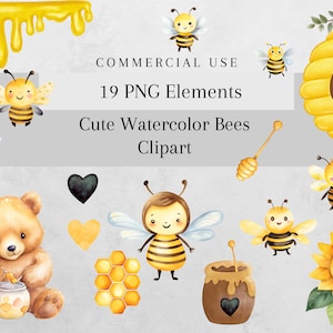 Imágenes prediseñadas de abejas en acuarela, miel en formato PNG, gráficos para álbumes de recortes (descarga digital)