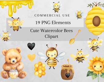 Biene Aquarell Clipart, Honig Clipart PNG, süße Honigbienen, Scrapbook, Junk Journal, kommerzielle Nutzung, digitaler Download