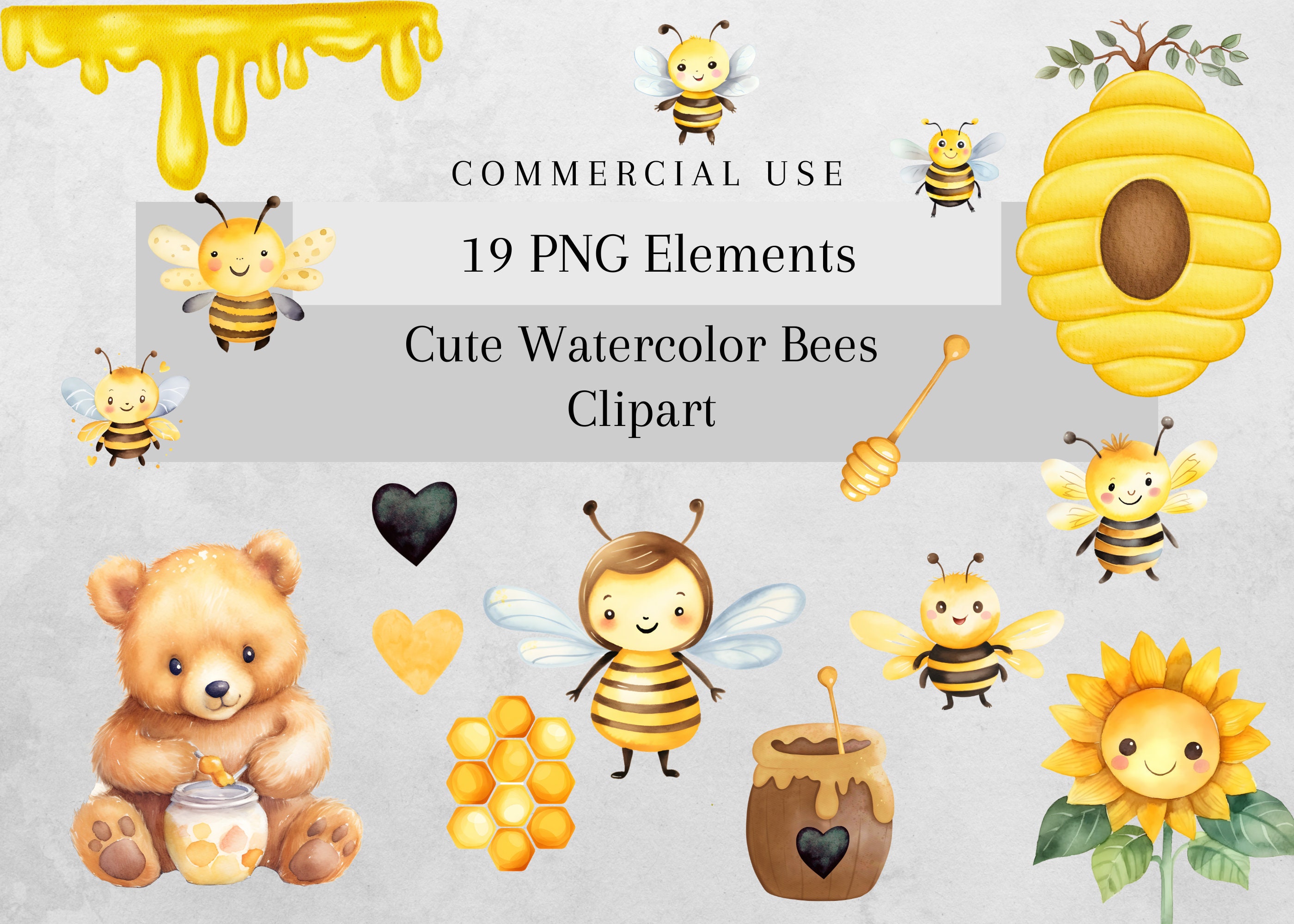 Cute bee clipart, bee png, baby bees, nursery bees, watercolor clipart,  watercolor bees, clipart, cartoon bees, transparent png, big eyes