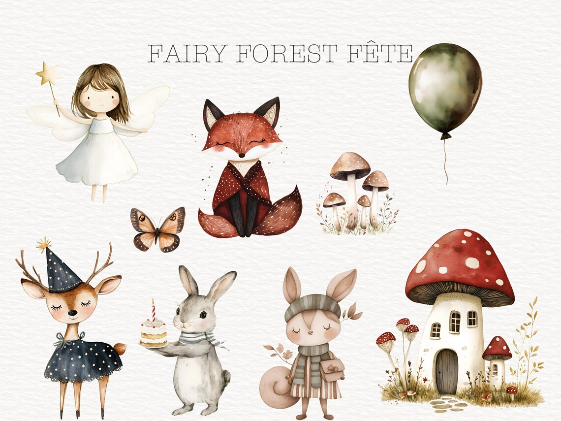 Fairy Elf and Birthday Woodland Cute Animals Party Clipart Bundle ...