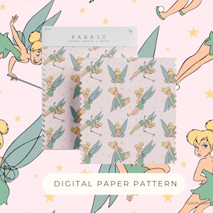 May include: A digital paper pattern featuring a repeating pattern of Tinkerbell fairies with green wings and yellow stars on a light pink background. The text "FABRIC LUXURY FABRIC & MOTIF" and "DIGITAL PAPER PATTERN" are also visible.