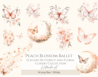 Watercolour Butterflies Clipart Bundle, Peach Floral Clipart PNG, Scrapbooking, Junk Journal, Stickers Clipart, Commercial Use, Digital