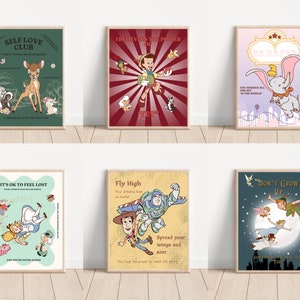 Poster di personaggi Disney vintage in classe, poster stampabile di affermazione dell'amore per se stessi, decorazioni per la classe, arte da parete per bambini, set digitale di 6