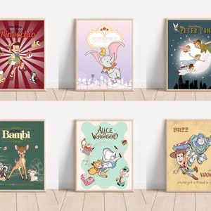 Printable Vintage Disney Characters Poster Wall Art, Nursery Wall Art, Birthday Party Poster Decor Art Set of 6