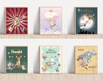Conjunto de 6 pôsteres vintage de personagens da Disney (download digital)