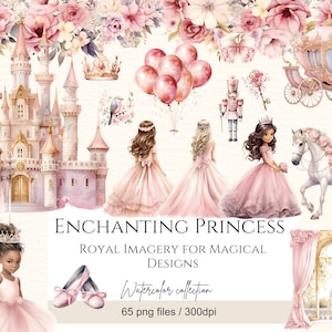Bundle de cliparts PNG princesse, aquarelle princesse mignonne et chevalier, calèches, châteaux, thème princesse 65 png, usage Commercial