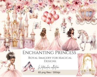 Princess PNG Clipart Bundle, Watercolour Cute Princess and Knight, Carriages, Castles, 65 Png Princess Theme, Commercial Use