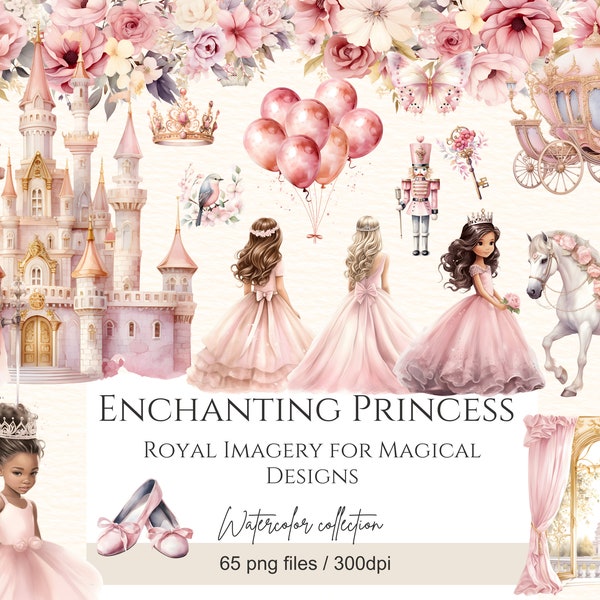 Paquete de imágenes prediseñadas de princesa PNG, acuarela linda princesa y caballero, carruajes, castillos, 65 tema de princesa png, uso comercial