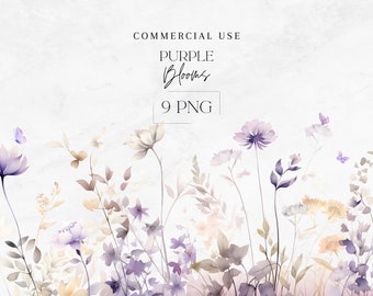 May include: Watercolor illustration of purple and white flowers with butterflies, on a white background. The text "COMMERCIAL USE PURPLE BLOOMS 9 PNG" is at the top of the image.